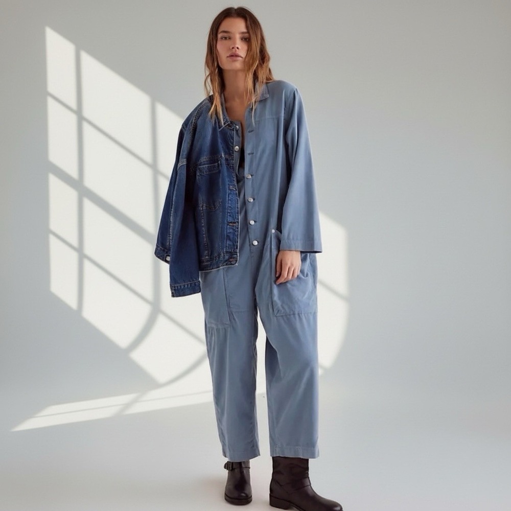 Free People We The Free Blue Margarita Corduroy Relax Fit Jumpsuit Size XS